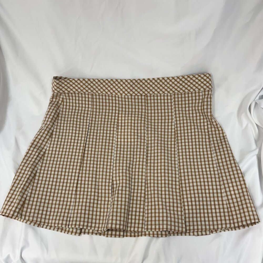 elodie Pleated Plaid Mini Skirt, Clay, White, XL